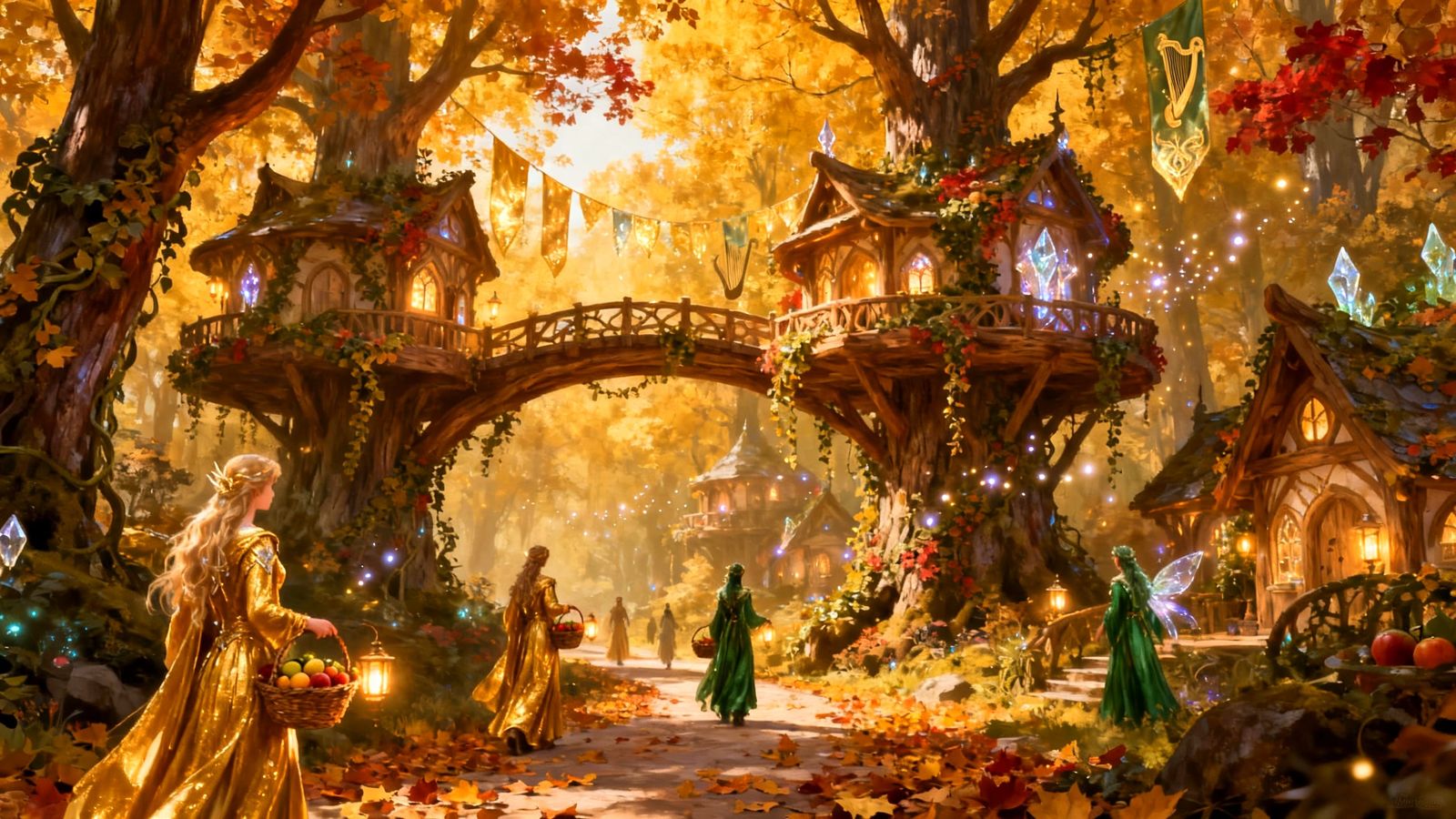 Radiant Elven Village in Golden Autumn Forest