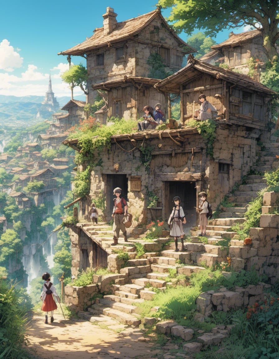 Anime Explorers in Time-Worn Stone Village