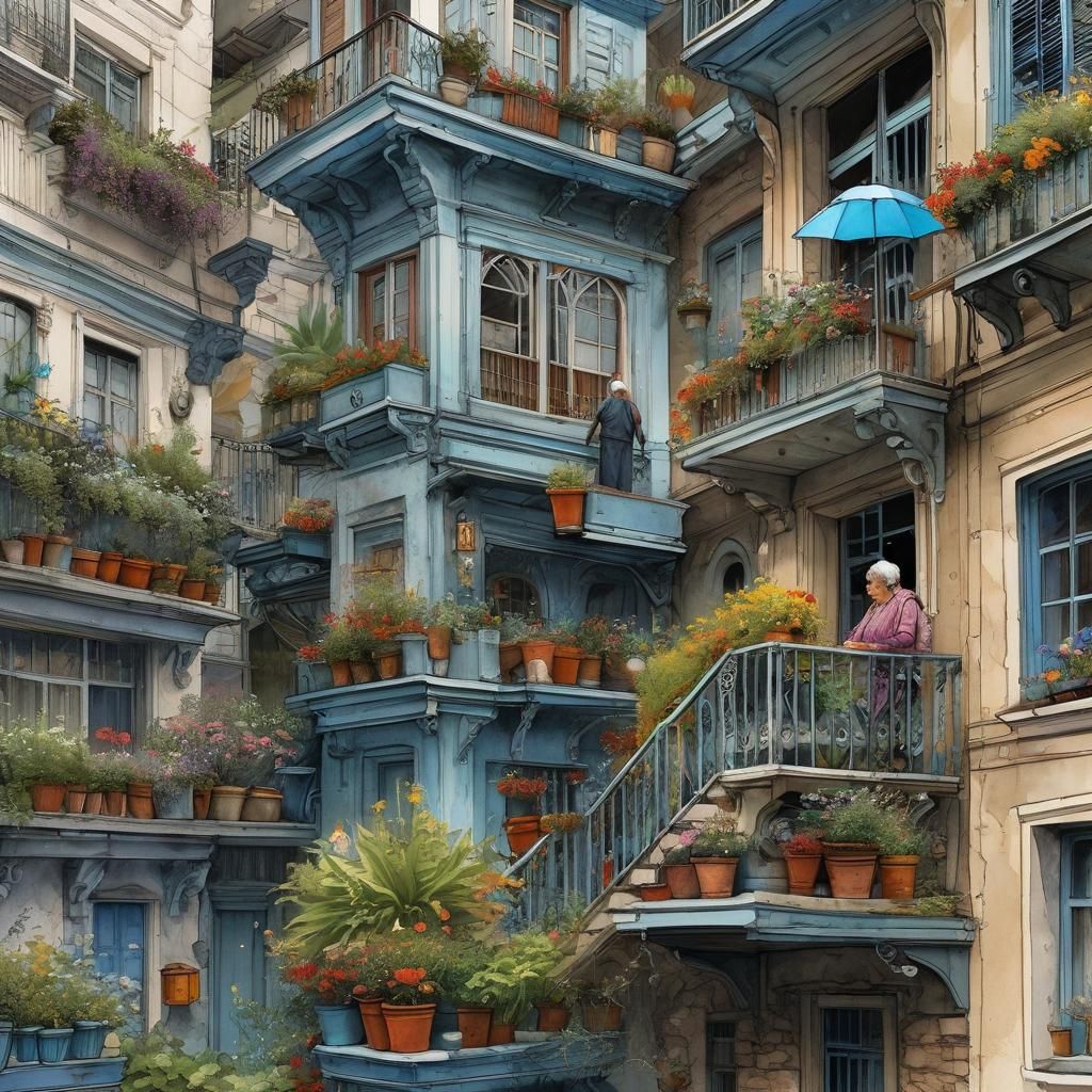 Watercolor Balcony Scene in Comic Book Style