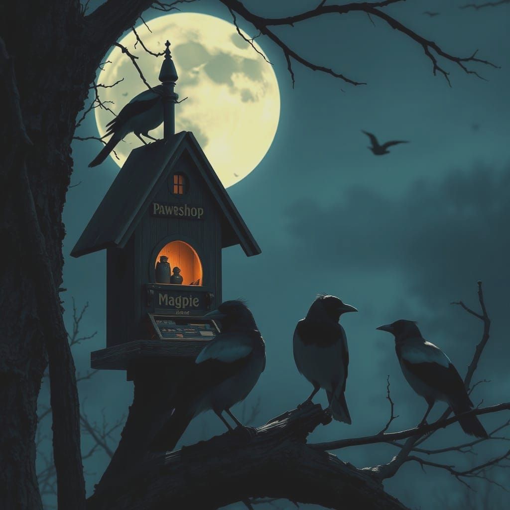Magpies Run a Pawnshop in Fantasy Illustration
