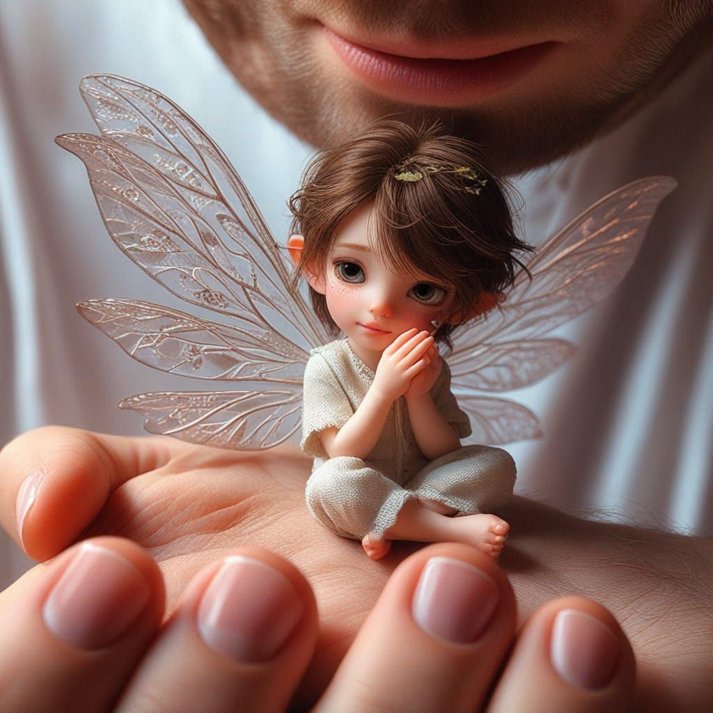 Serene Winged Elf Cradled in a Gentle Hand