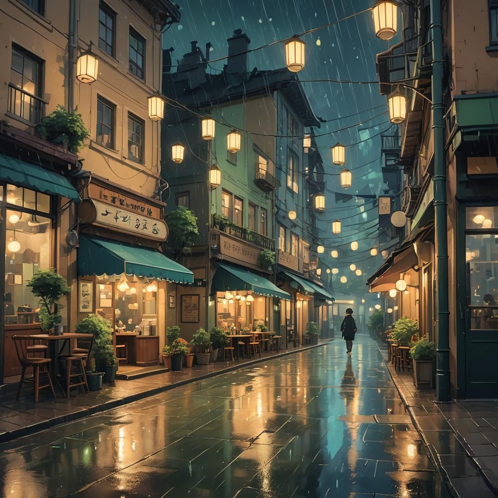 Ghibli-Inspired Rainy Night Street Scene in Anime Style