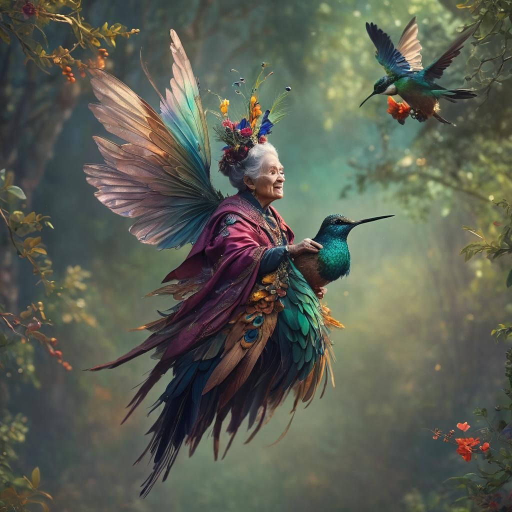 Whimsical Fairy Grandmother on Hummingbird, Macro Photograph...