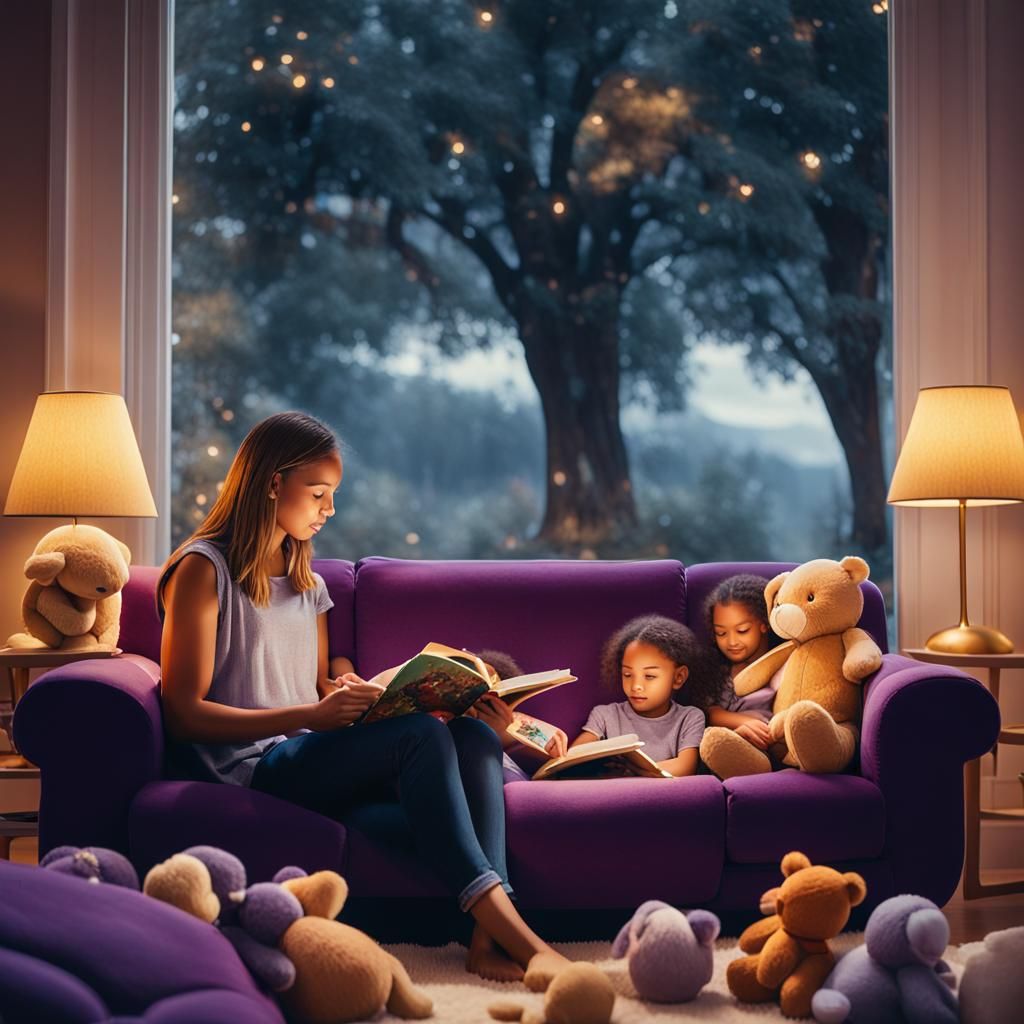 Cozy Mother Reading to Children: Realistic Photography