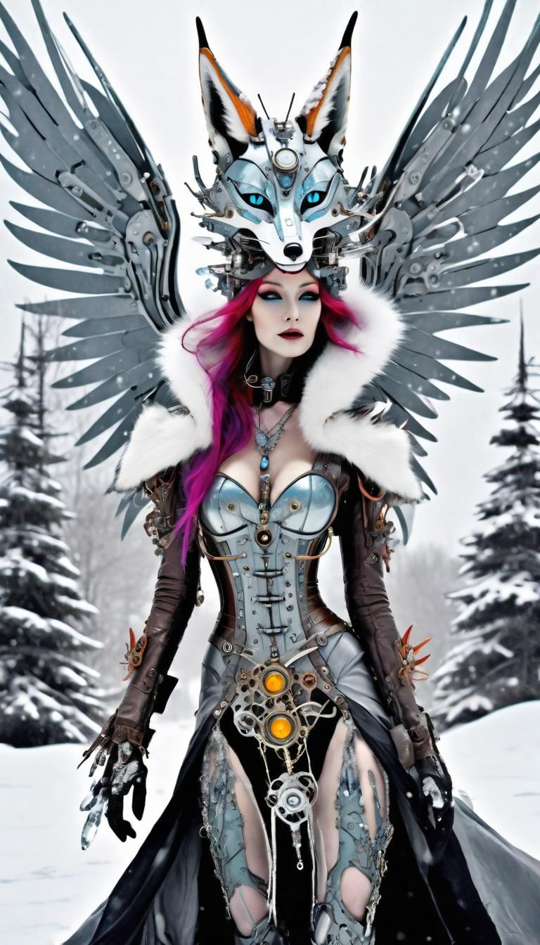 Hypereealistic, Steampunk Aether powered ,winged  fox kitsune mecha, Crystal ice mecha,  Unseelie  Foxes at play in the ...