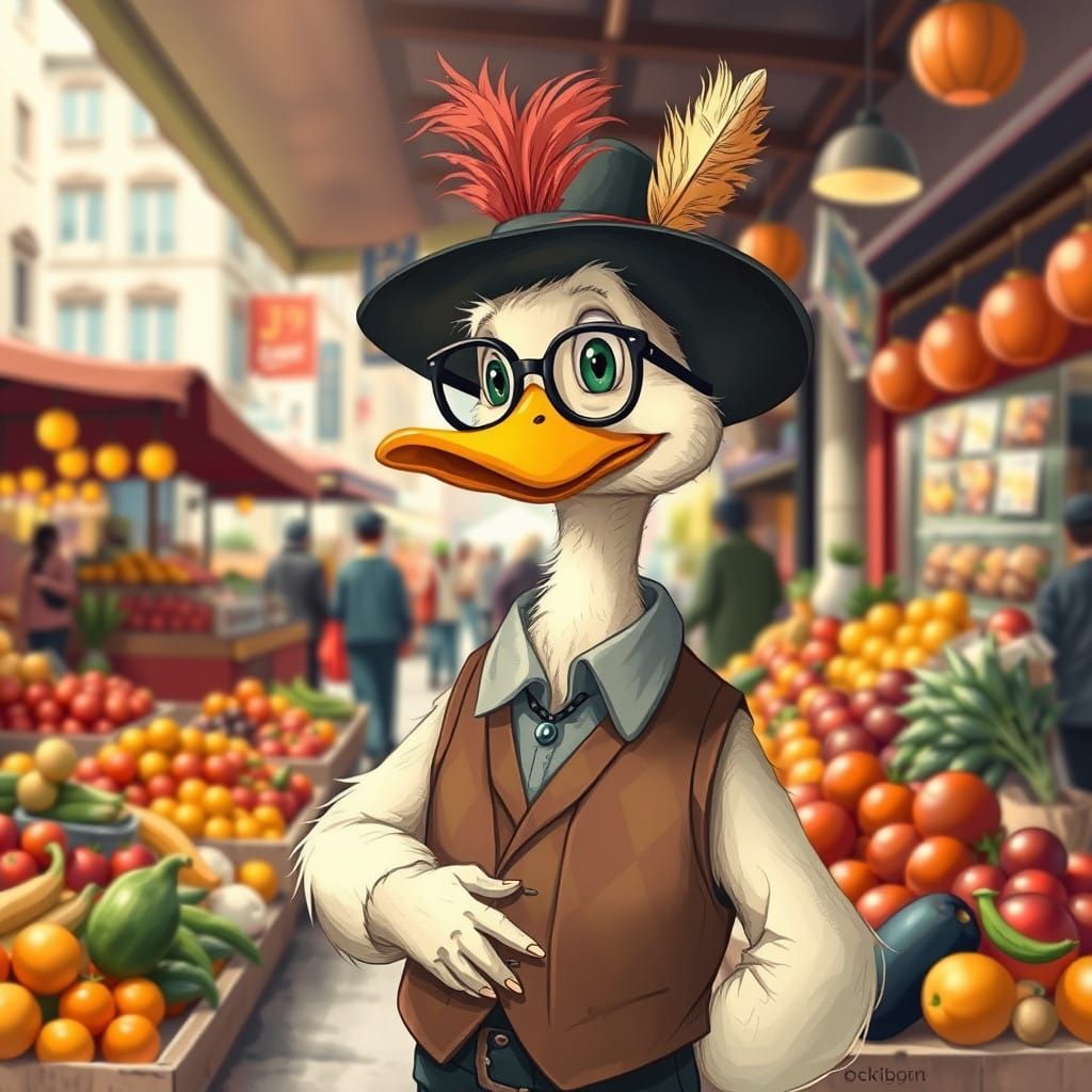 Whimsical Duck Man in Vintage Marketplace Delight