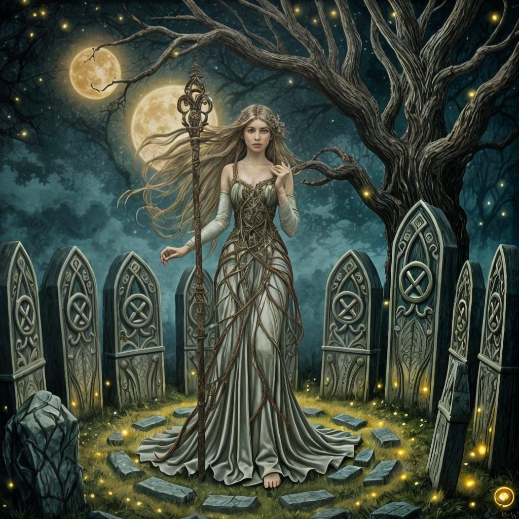 Serene Druidess in Moonlit Circle of Standing Stones