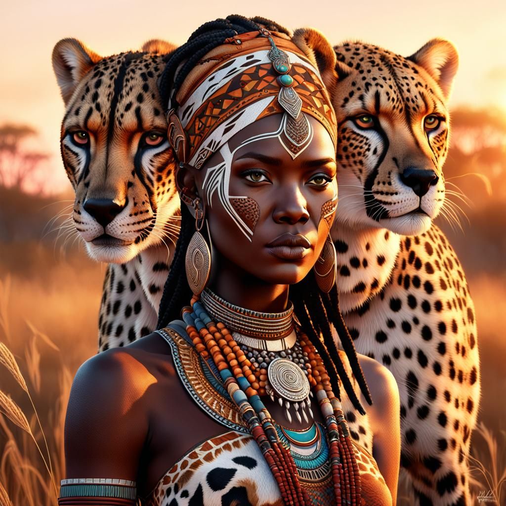 African Woman and Cheetah in Golden Sunset Light