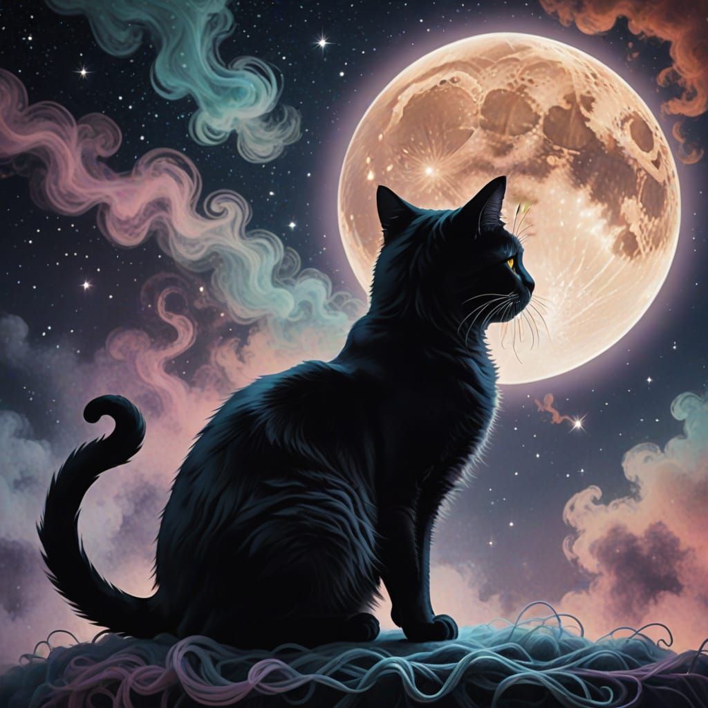 Dreamy Cat Silhouette Reaches for Yarn Moon in Twilight Sky
