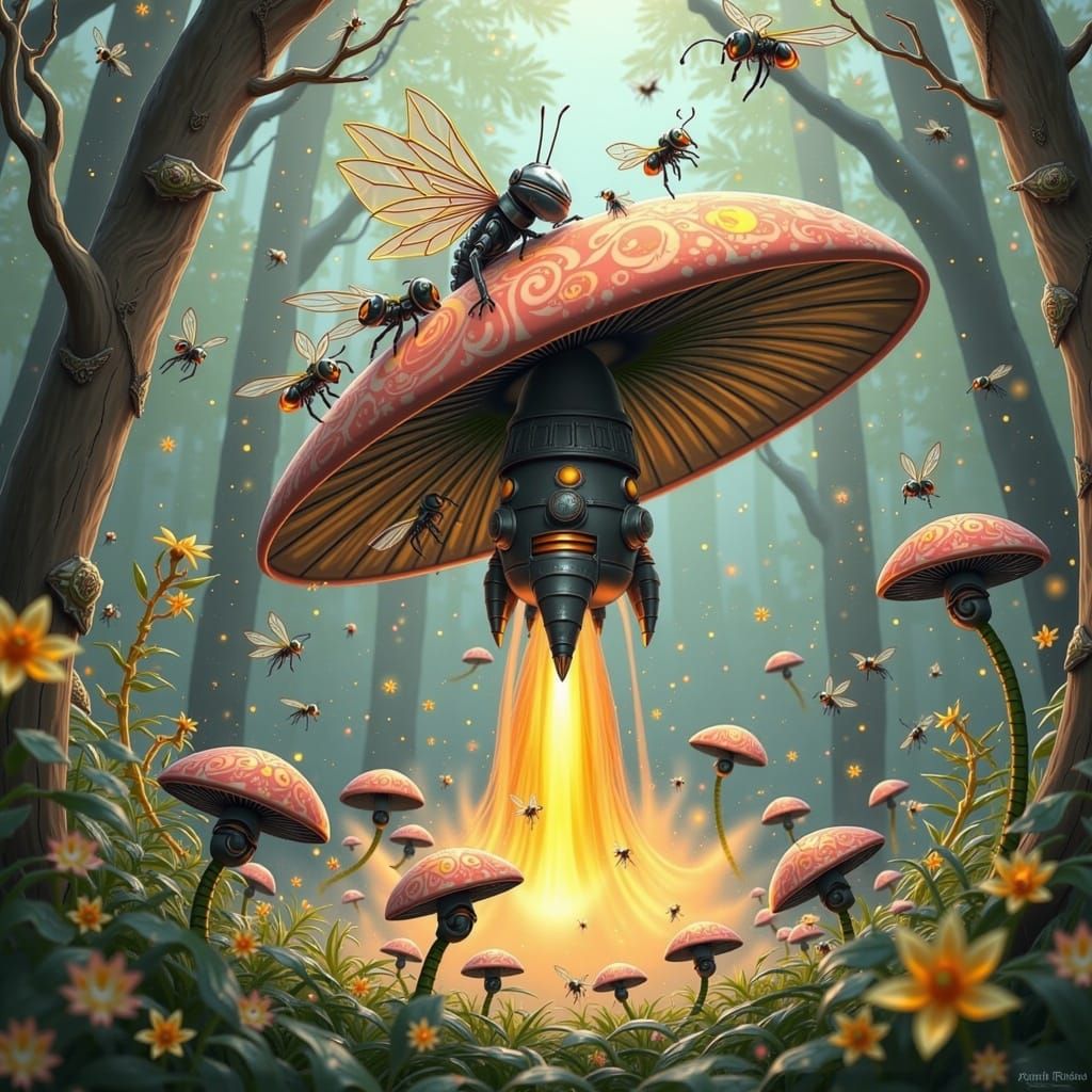 Mushroom Rocketship Launch: Retro-Futuristic Sci-Fi Art