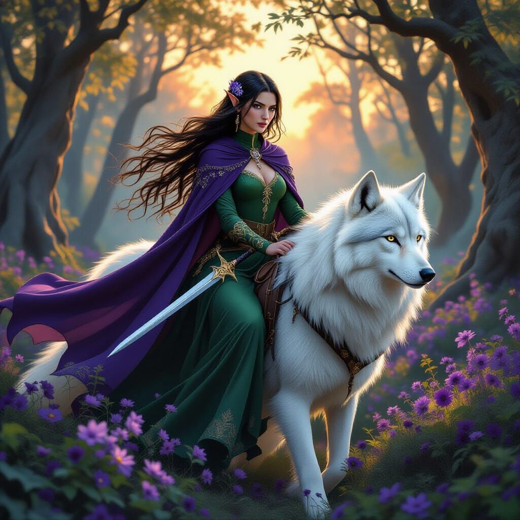 Elf Rides Wolf in Enchanted Forest at Sunset
