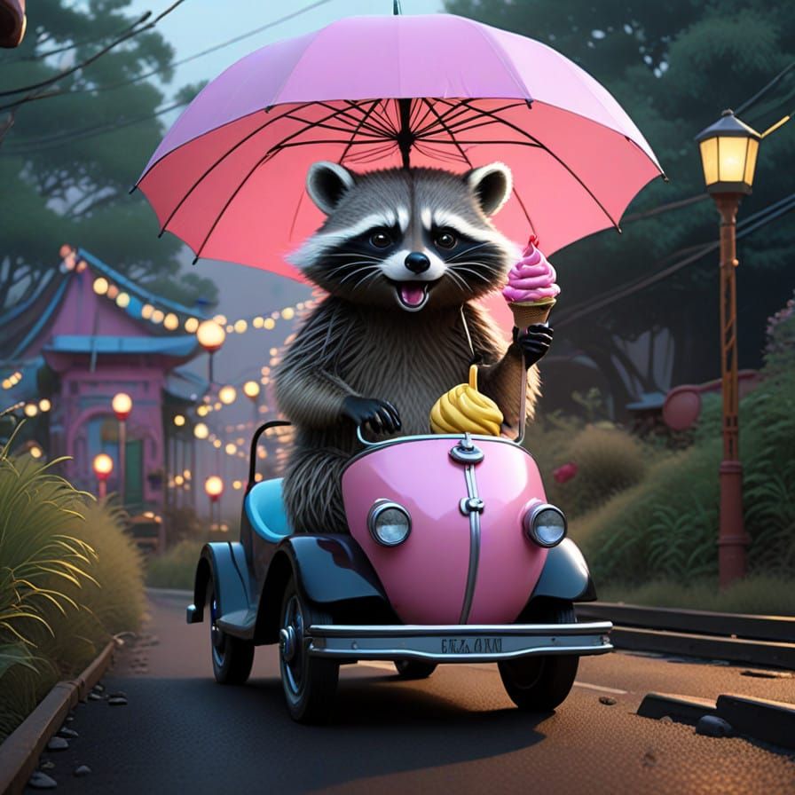 Surreal Felted Wool Art of Raccoon on Whimsical Rollercoaste...