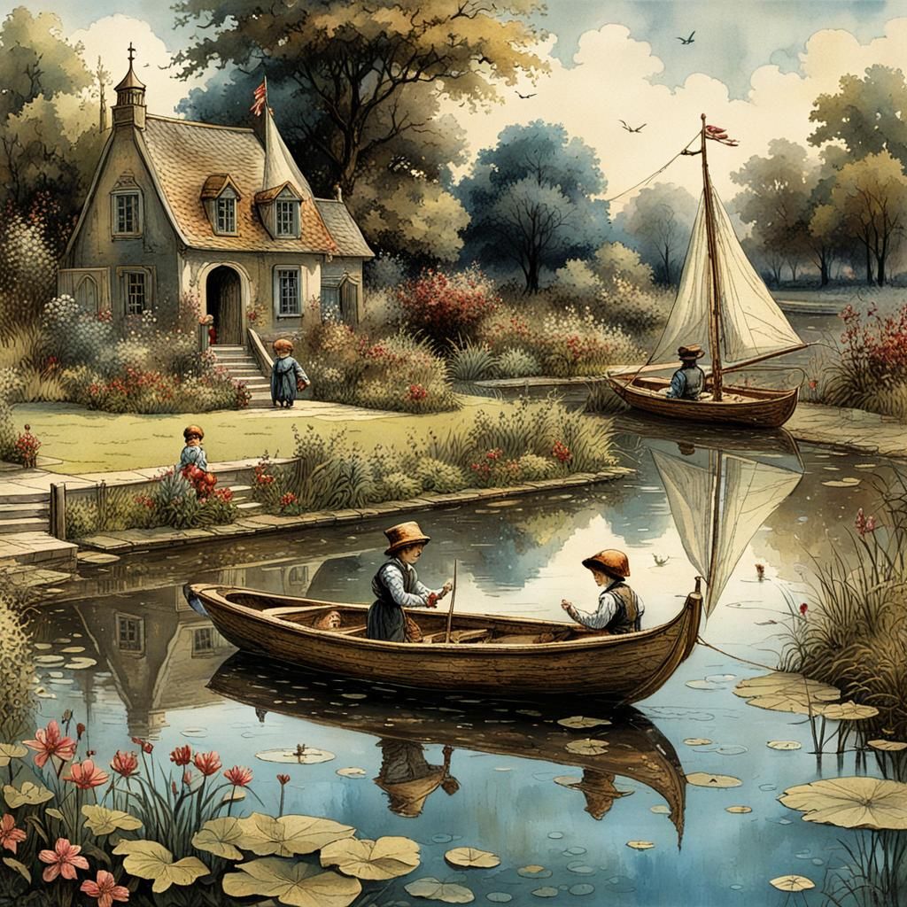 Victorian Children Sailing: Fantasy Illustration in Mixed Me...