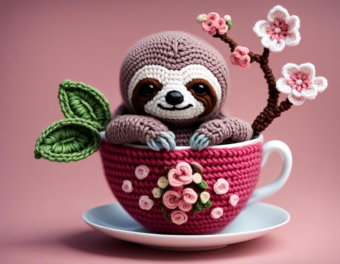 Crocheted Sloth in a Tea Cup
