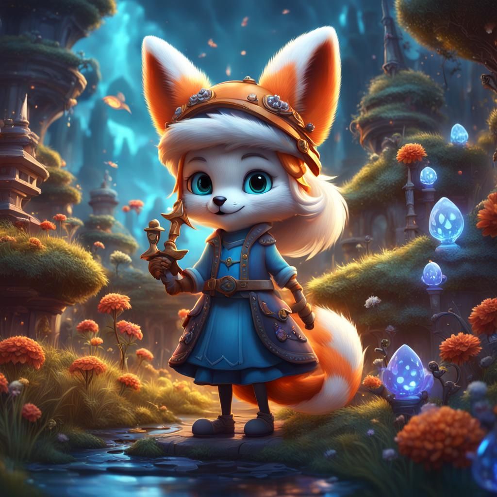 Happy Girl and Magic Fox in Fantasy Land