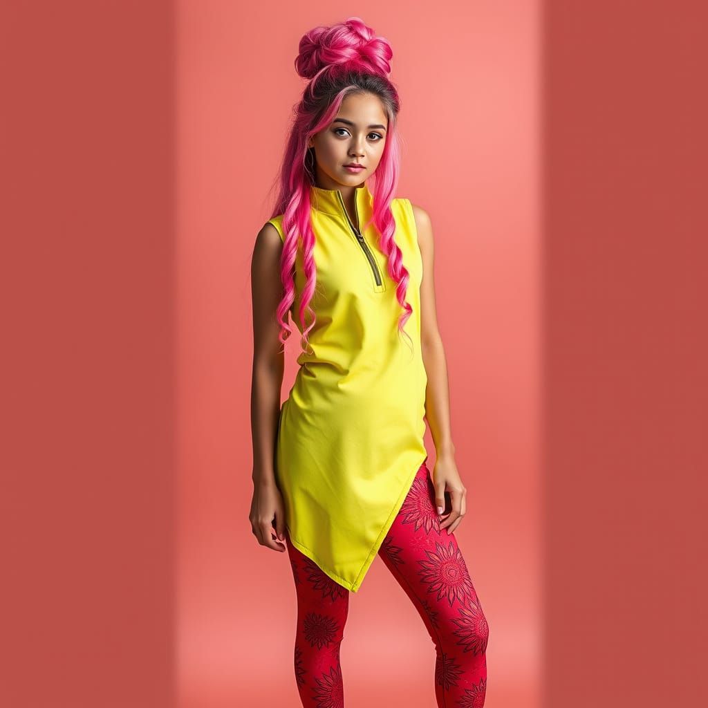 Woman with Pink Hair in Asymmetrical Outfit