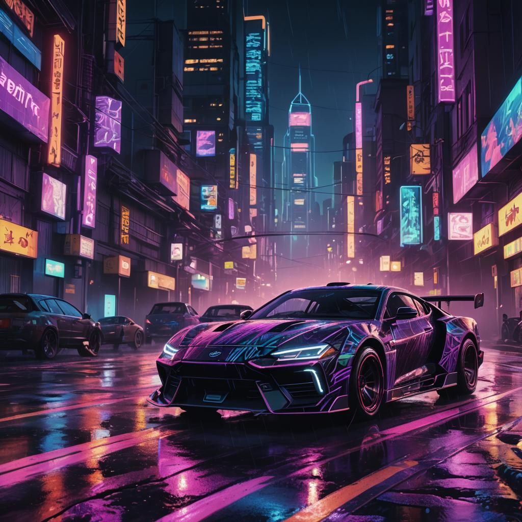 Cyberpunk Racing Car at Night in Neon Cityscape