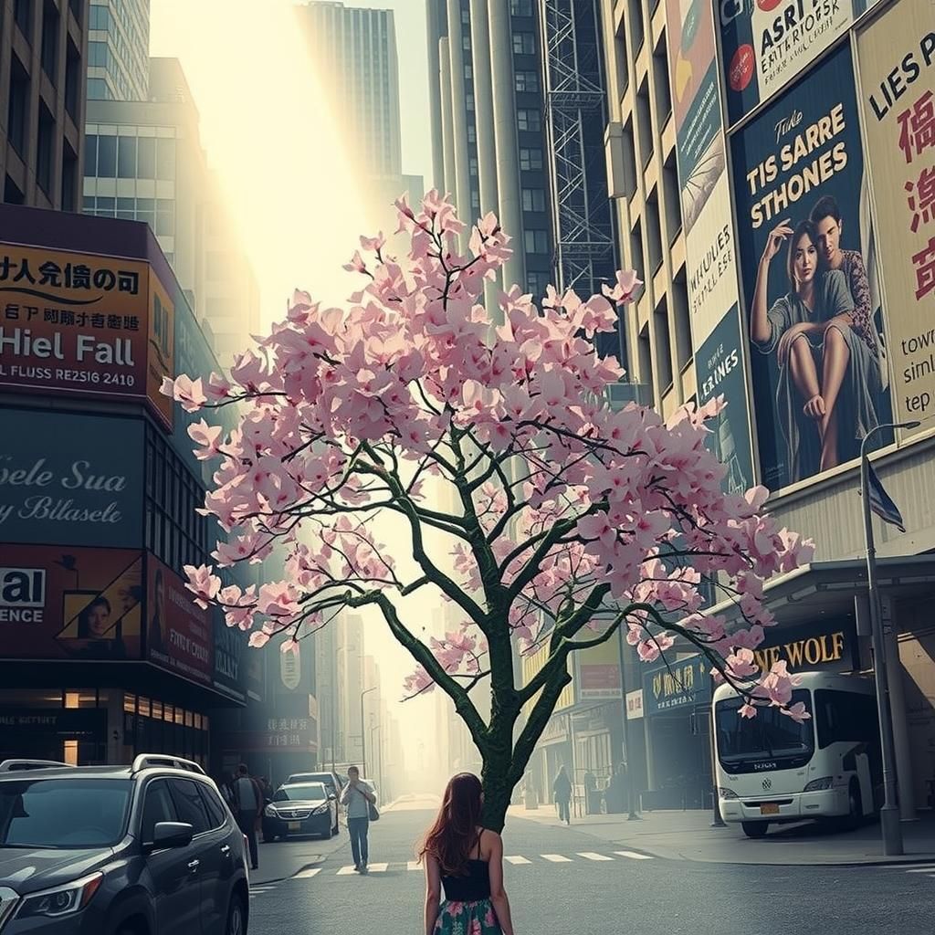 Cherry Blossom Hope in Bleak Cityscape