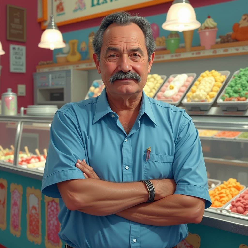 Man in Ice Cream Parlor in Hyper-Realistic Style