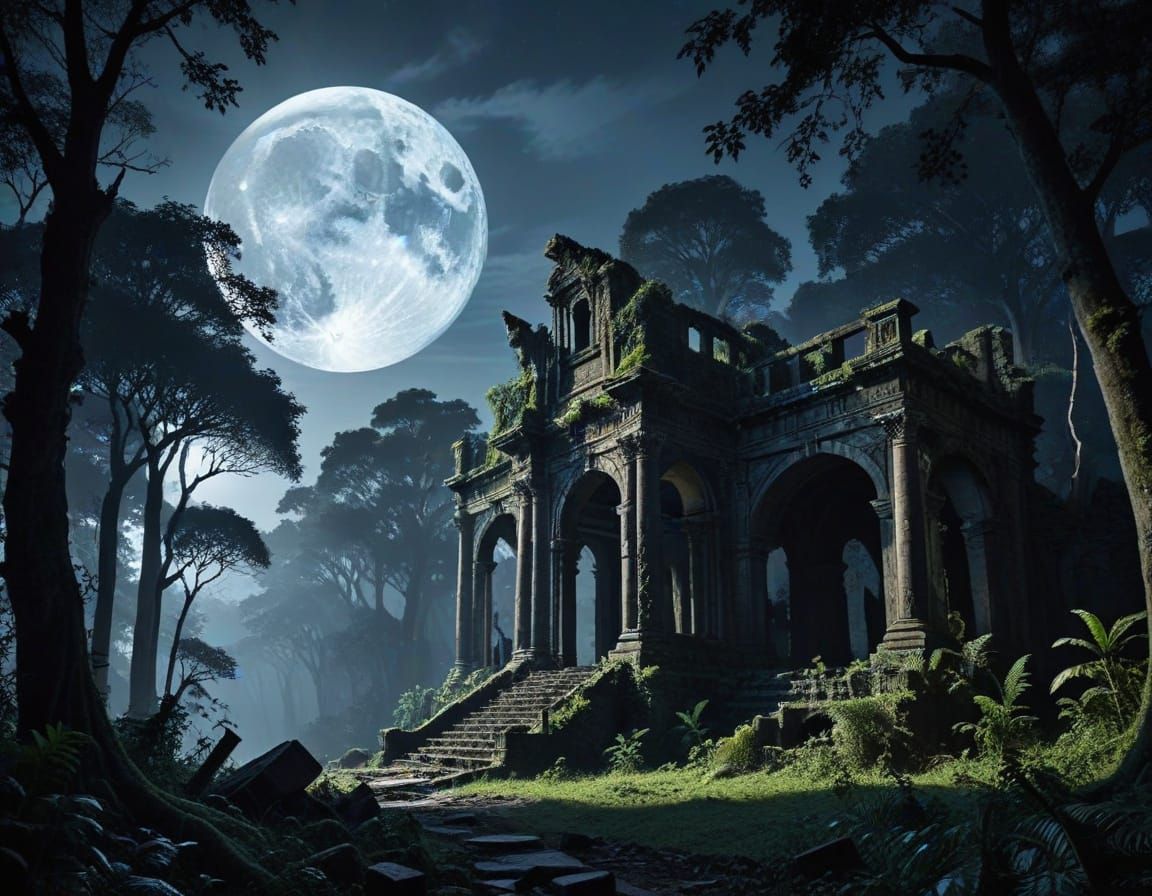 Mystical Forest Ruins Silhouetted by Full Moon
