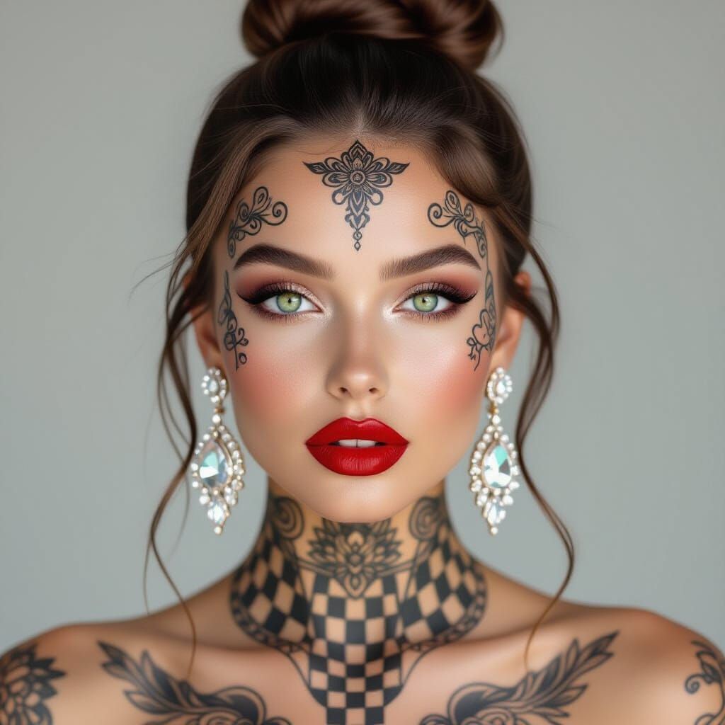 Tattooed Woman with Green Eyes in Photorealistic Style