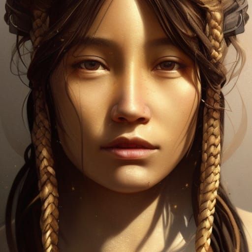 Inuit Girl Portrait with Gold Eyes, Detailed Digital Art