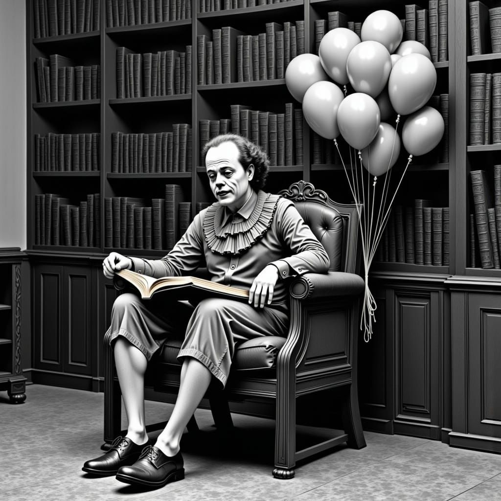 Clown Reads in Library, in Noir Illustration Style