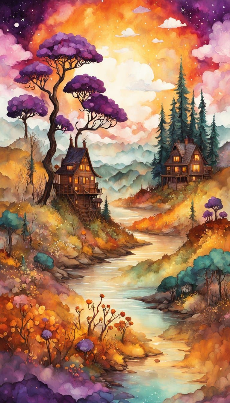 Golden Green Flowers: Ethereal Alcohol Ink Countryside