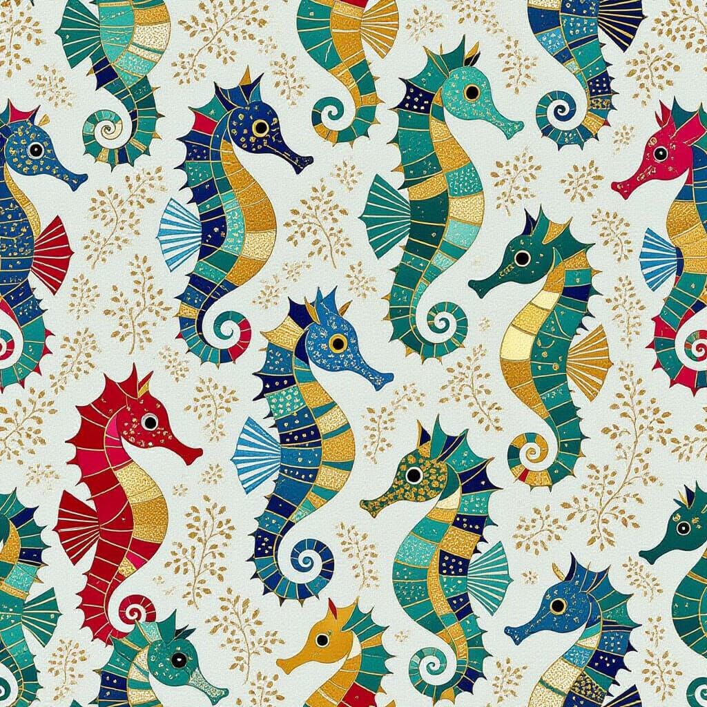 Paper Seahorse Pattern with Metallic Accents in Klimt Style