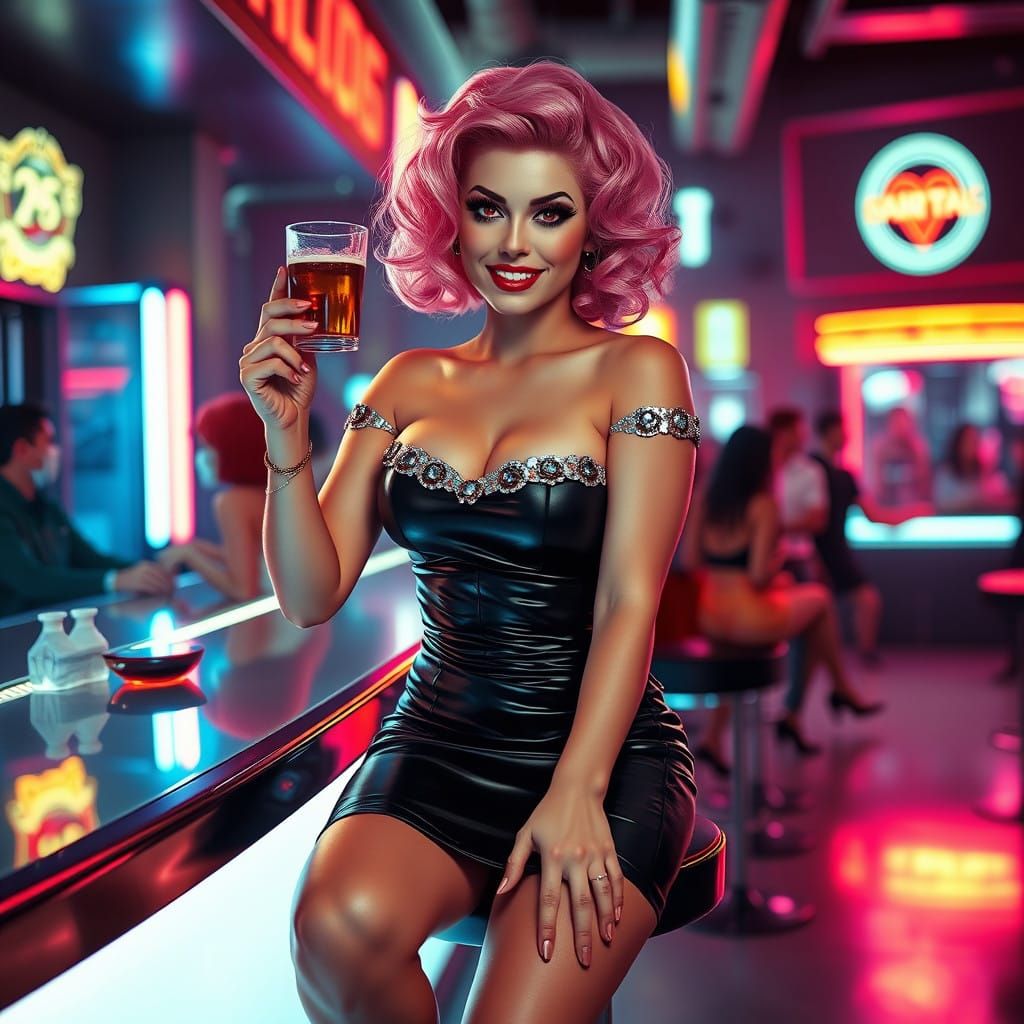 Pale Beauty Sips Neon Dreams in Retro Futuristic Chic