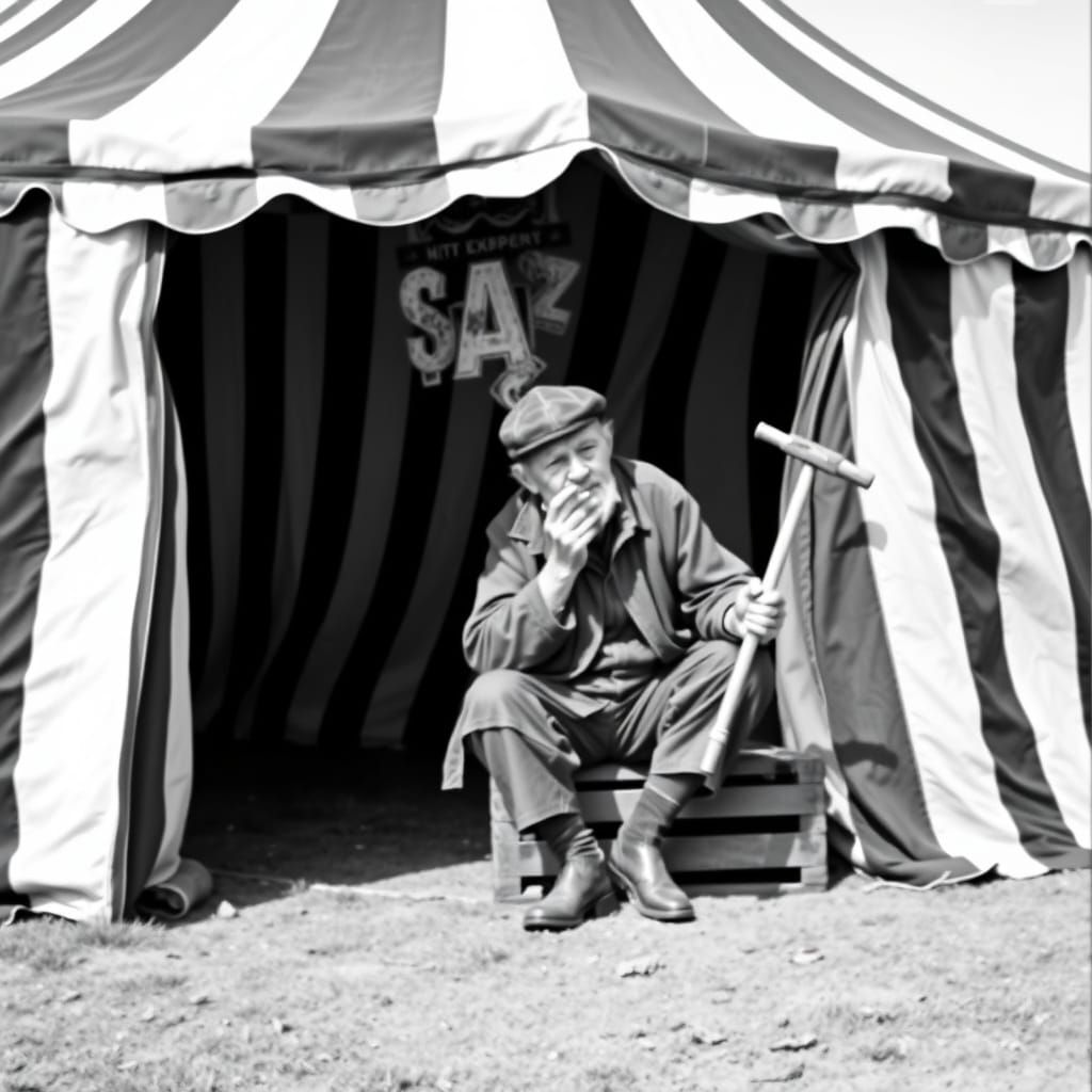 A Tired Hobo Outside a Vintage Circus Tent