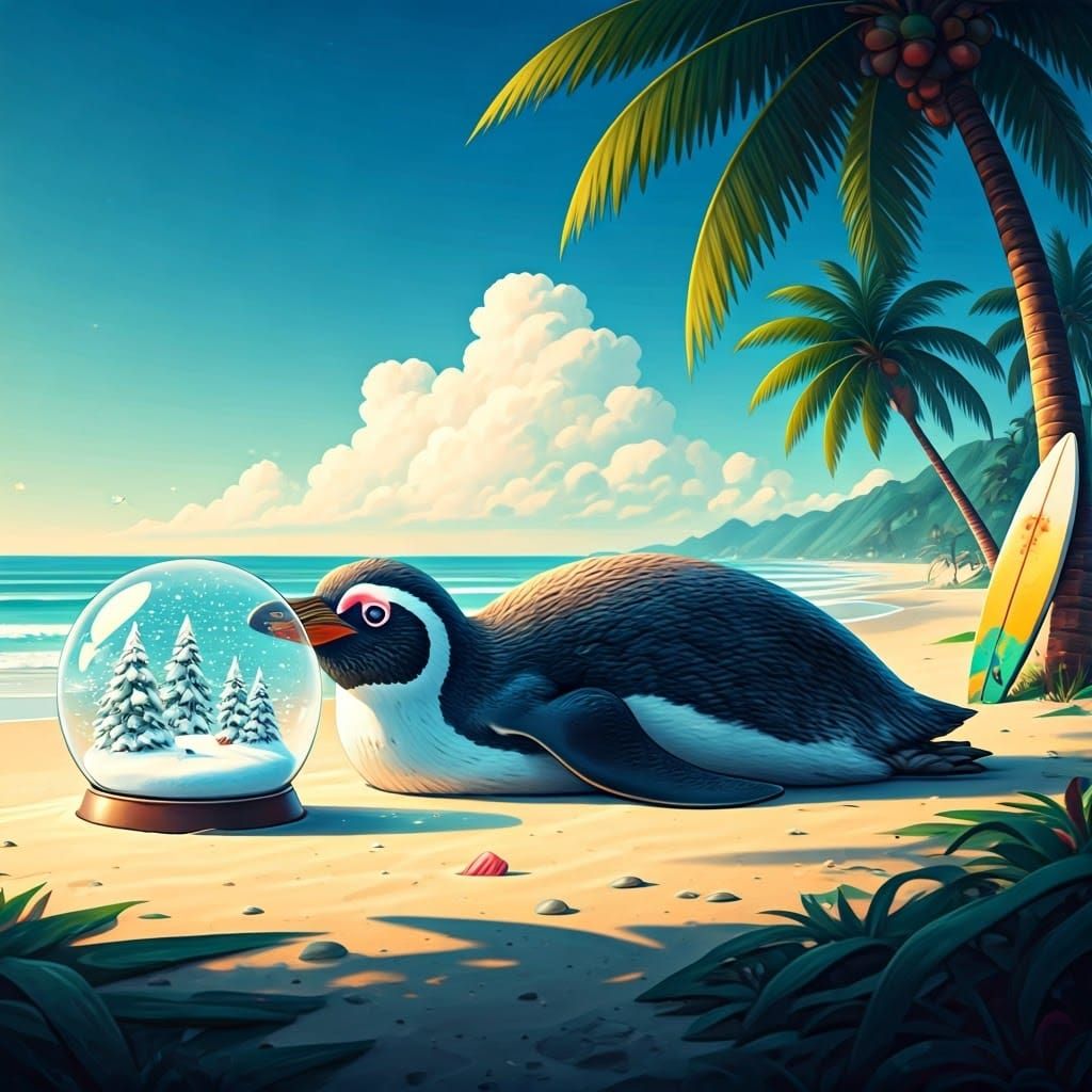 Penguin's Tropical Dream: Graffiti-Style Beach Scene