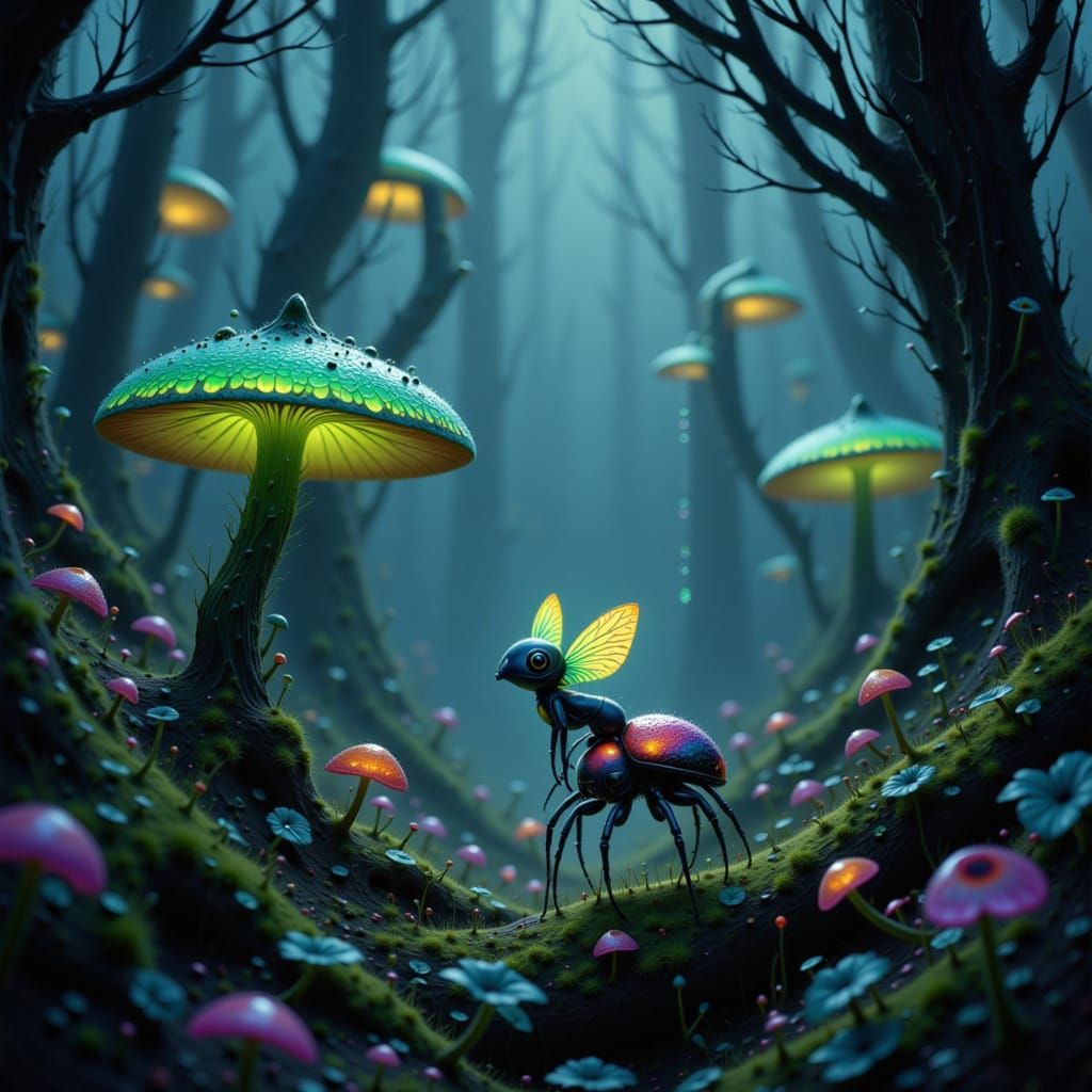 Sprite Rides Bioluminescent Beetle in Enchanted Forest