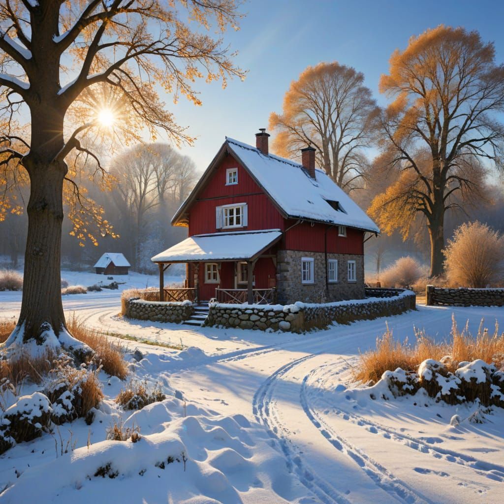 Cozy Oil Painting of a Snowy Cottage Scene