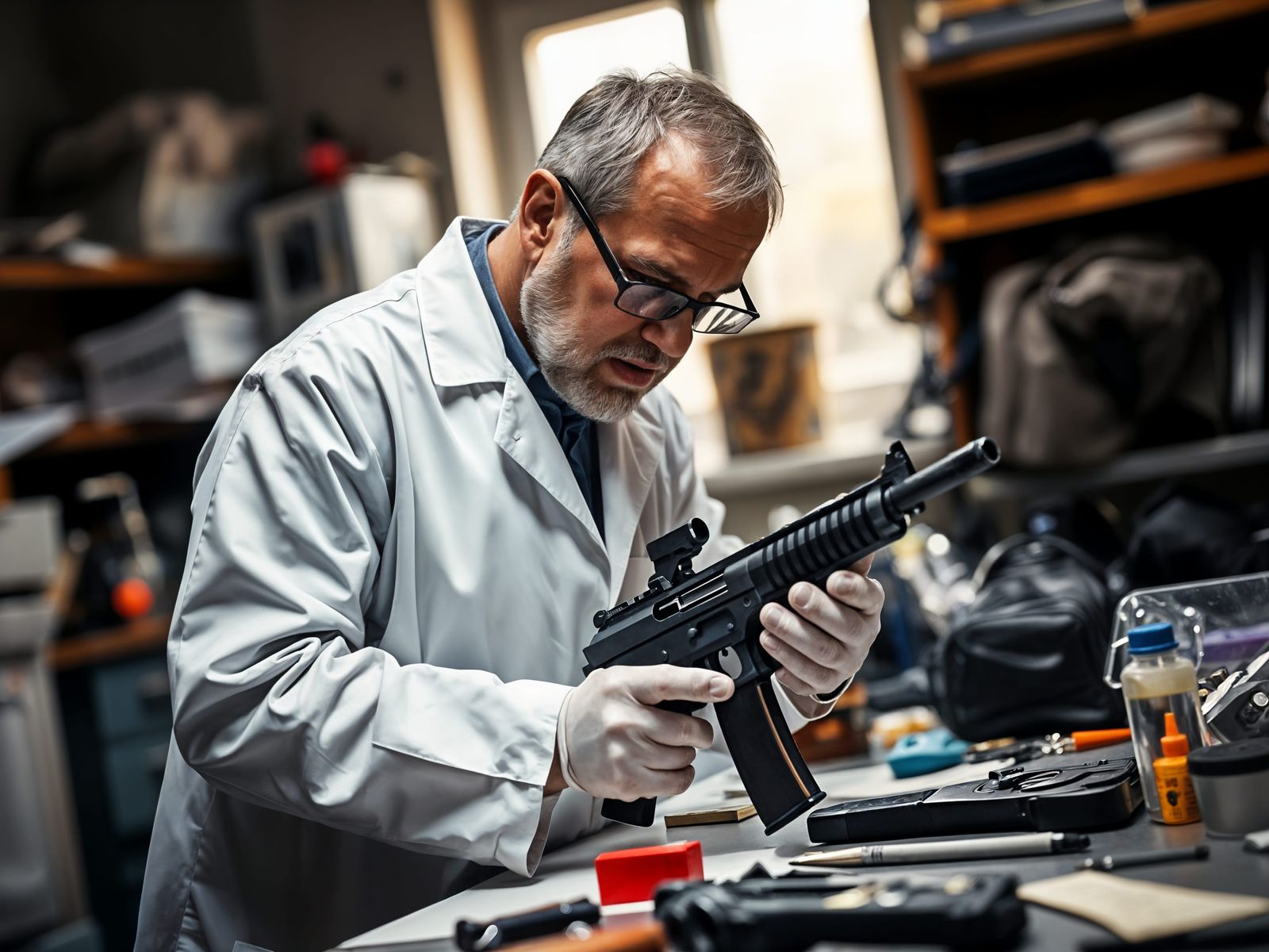 Forensic Expert Examines Firearm in Lab, Documentary Style