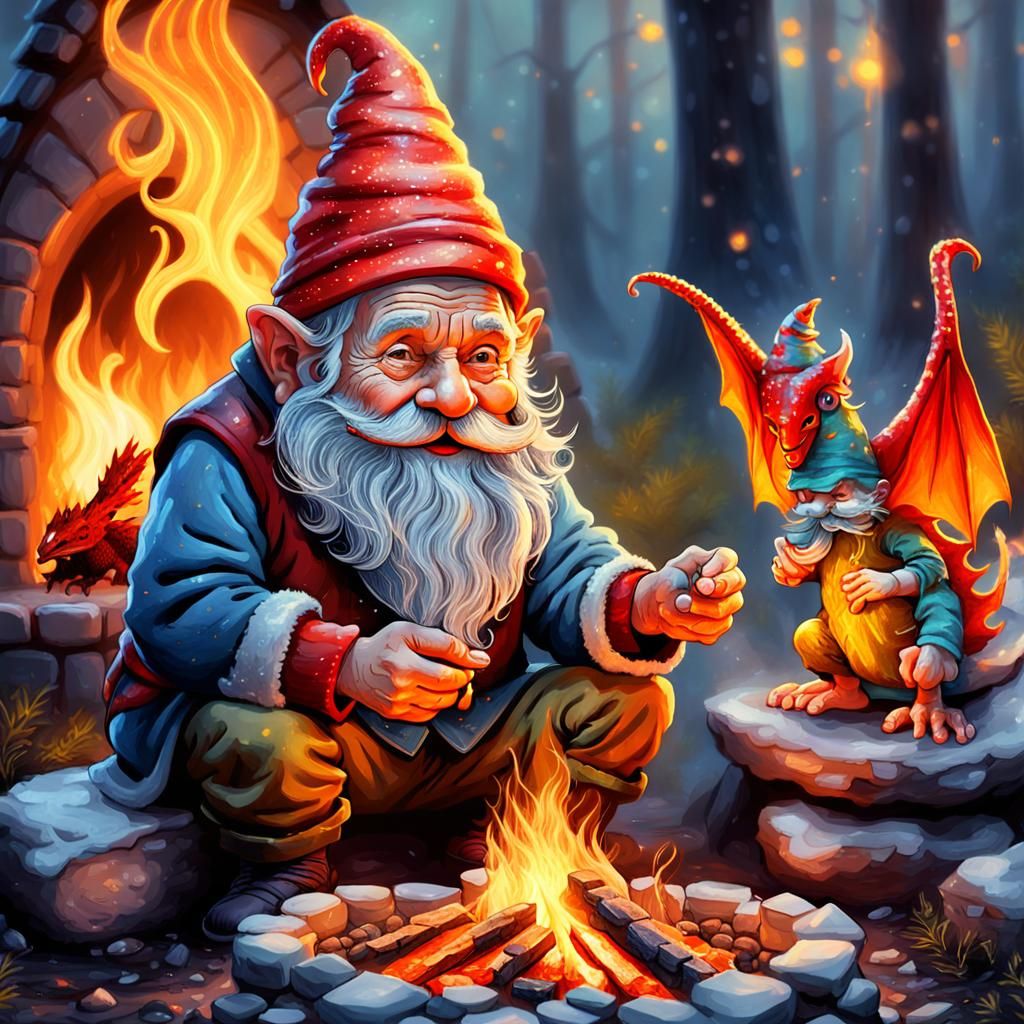 Gnome and Dragon by Firelight: Whimsical Fantasy Art