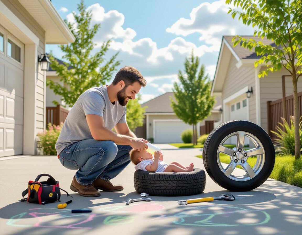 Surreal Scene of Fatherhood: Changing Tire, Feeding Baby