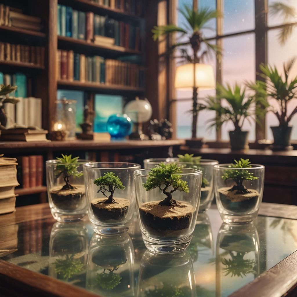 Miniature Beach Bonsai in Glass on Library Desk