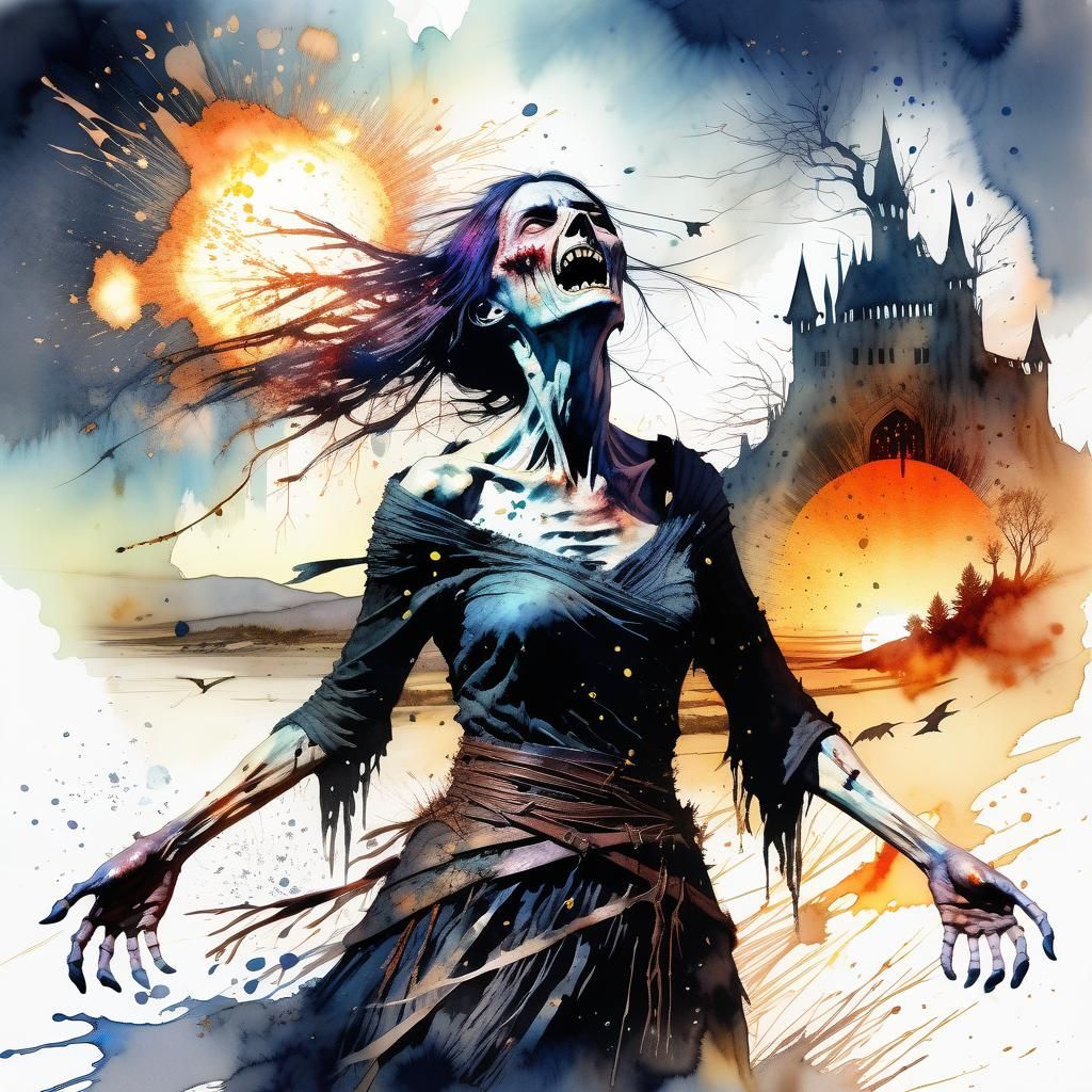 Undead Witch Screaming in Digital Watercolor Art