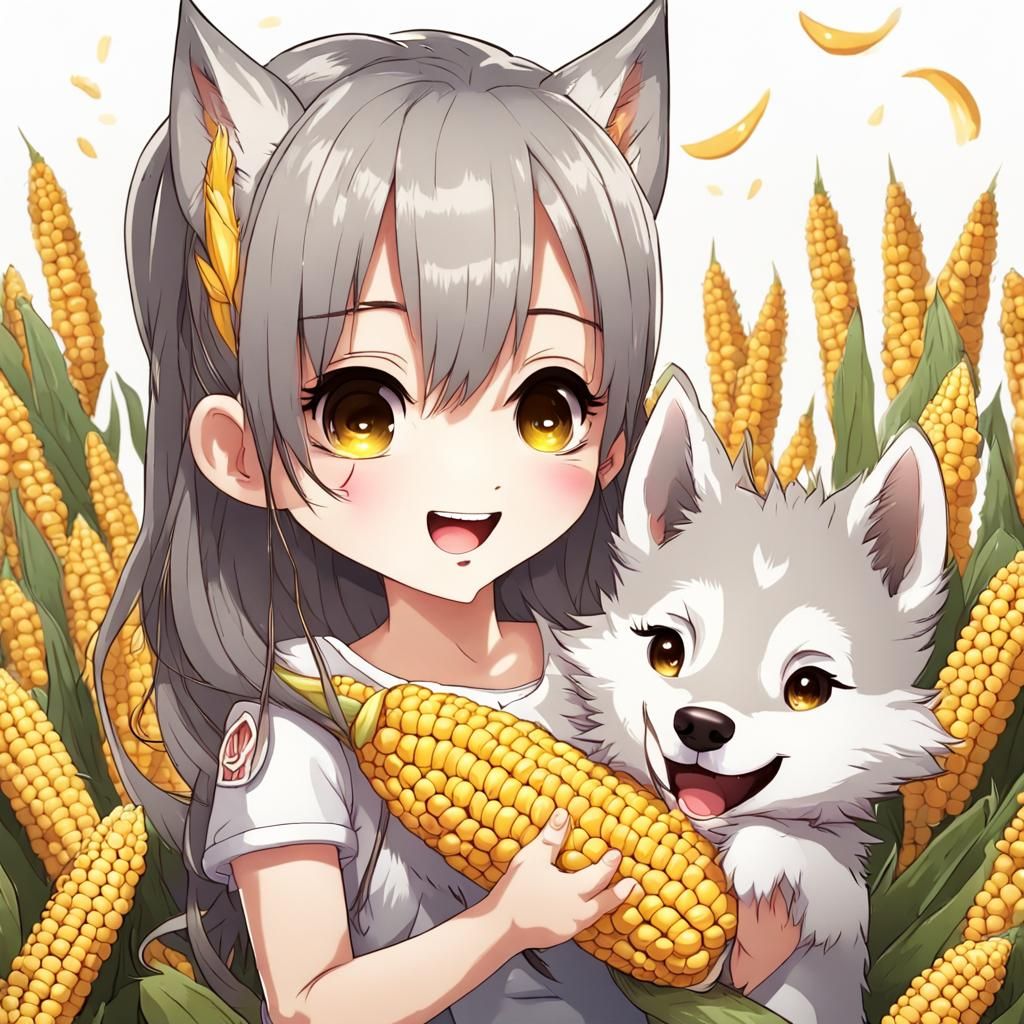 Chibi Girl with Wolf Ears Eating Corn