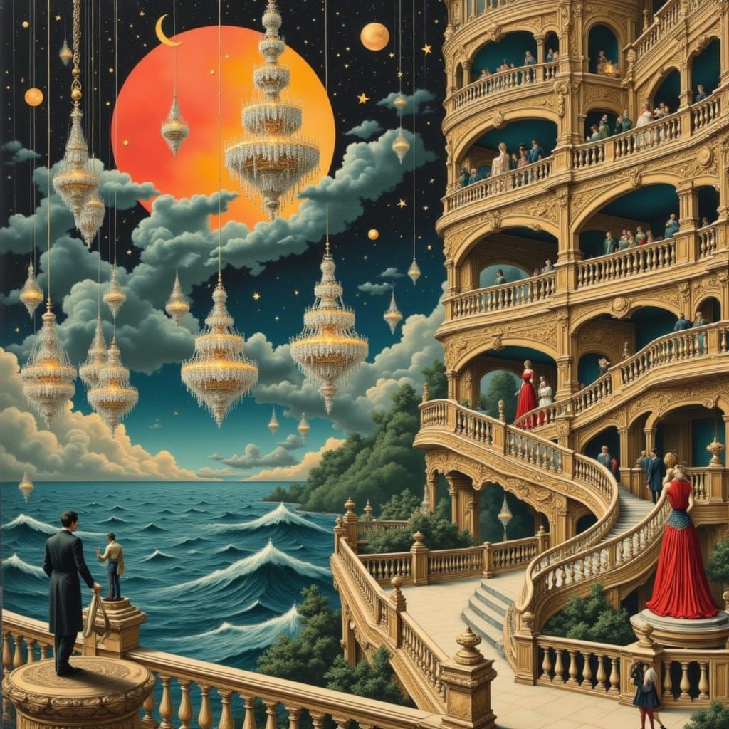 Opulent Interior with Crystal Chandeliers and Ocean Vista