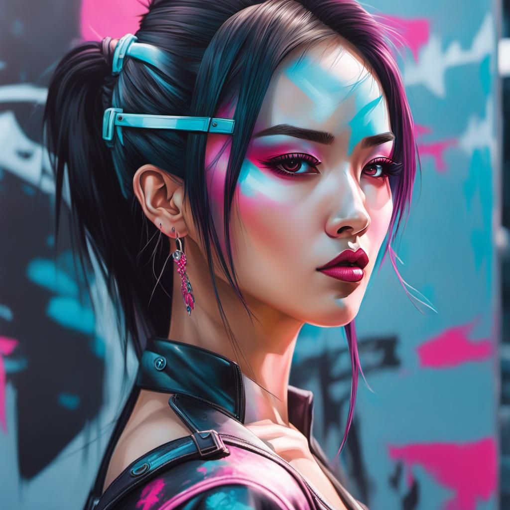 Cyberpunk Asian Gangster Girl in Neon Cityscape