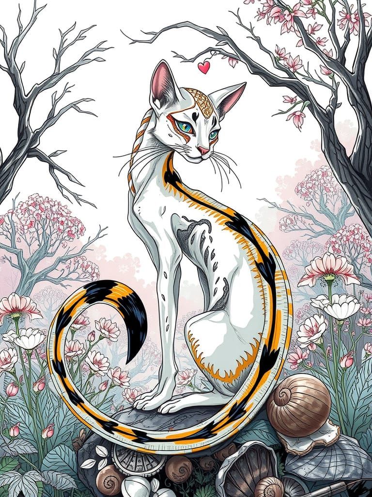 Surreal Ink Pen Cat Amidst Whimsical Forest