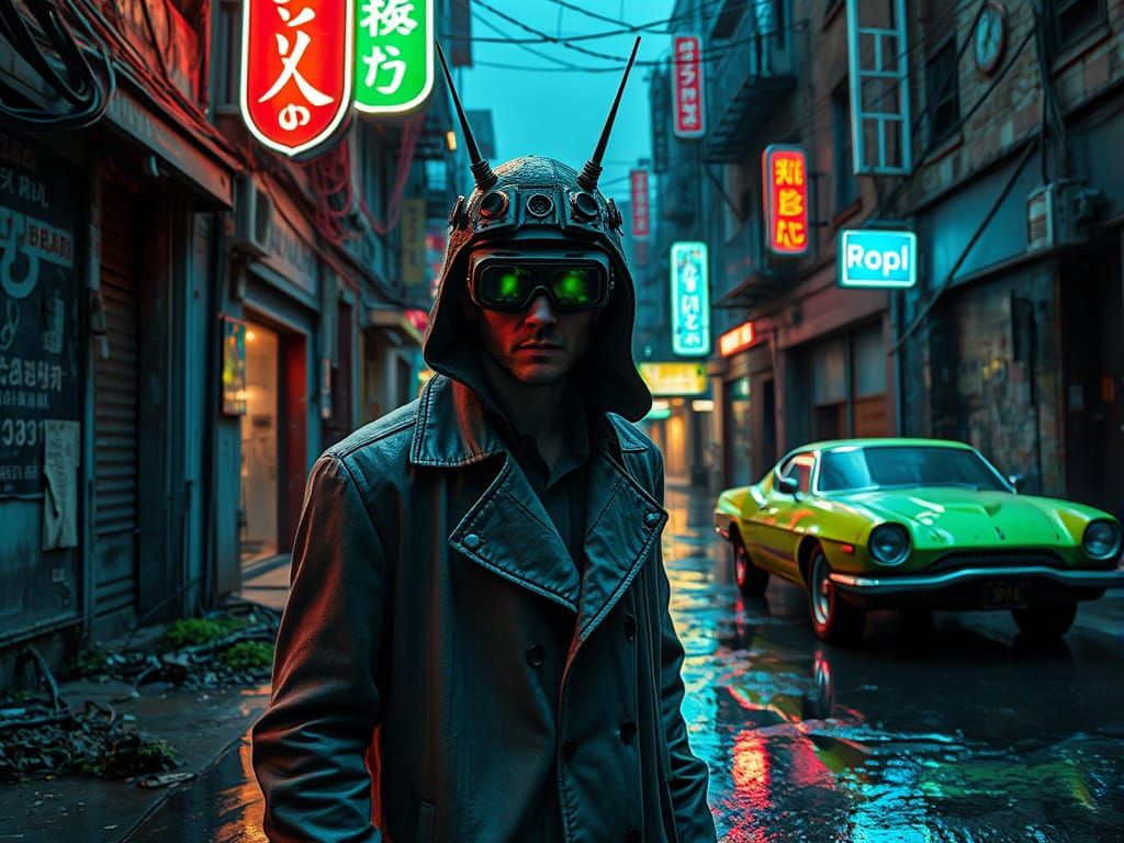 Cyberpunk Encounter in a Rainy Alleyway