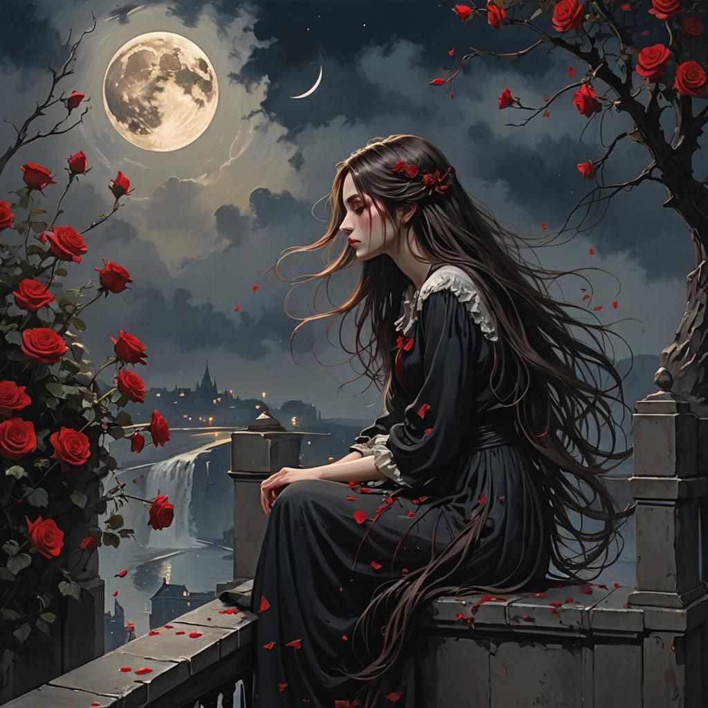 Girl Gazing at Moon in Moody Gothic Sketch