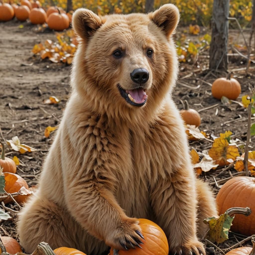 Photorealistic Furry Bear Cub Enjoys Autumn Pumpkin