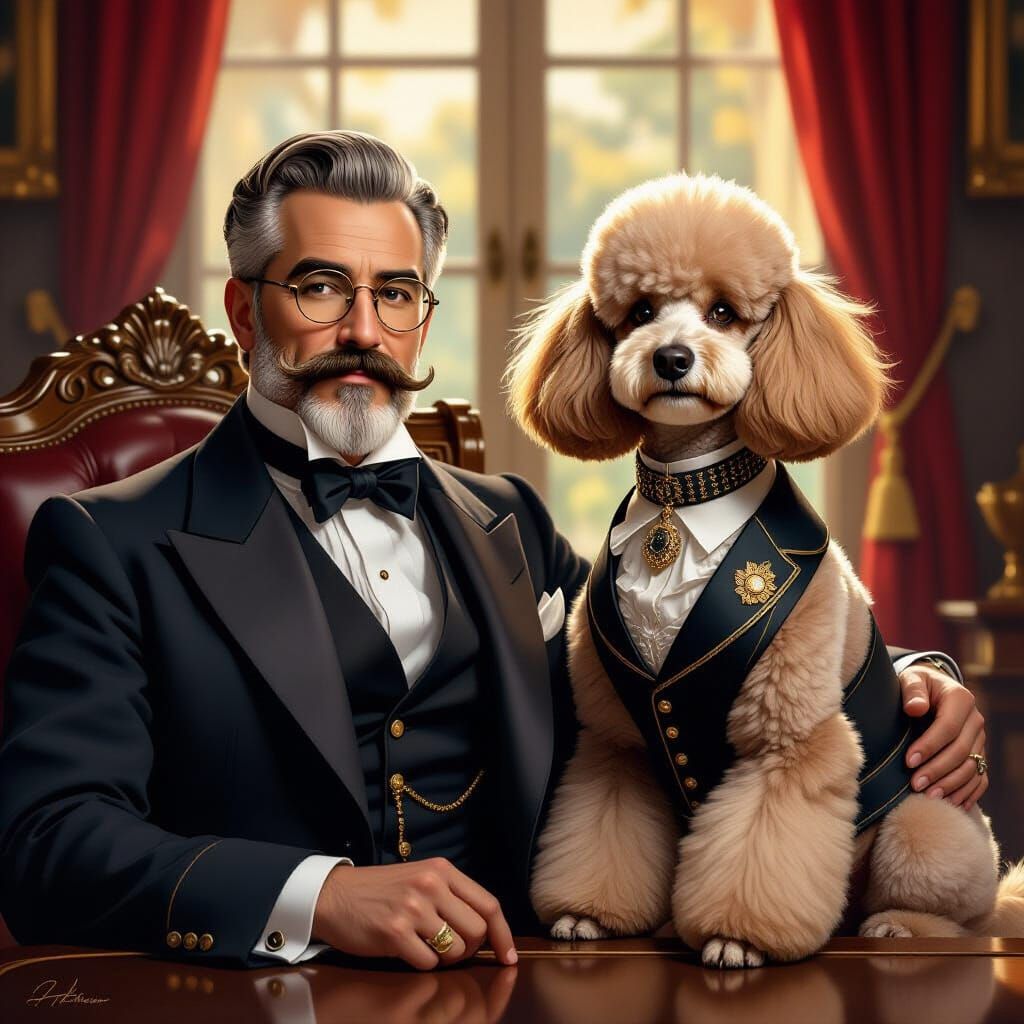 Gentleman and Poodle in Victorian Study