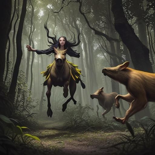 Woman Running with Boars: Hyperrealistic Splash Art