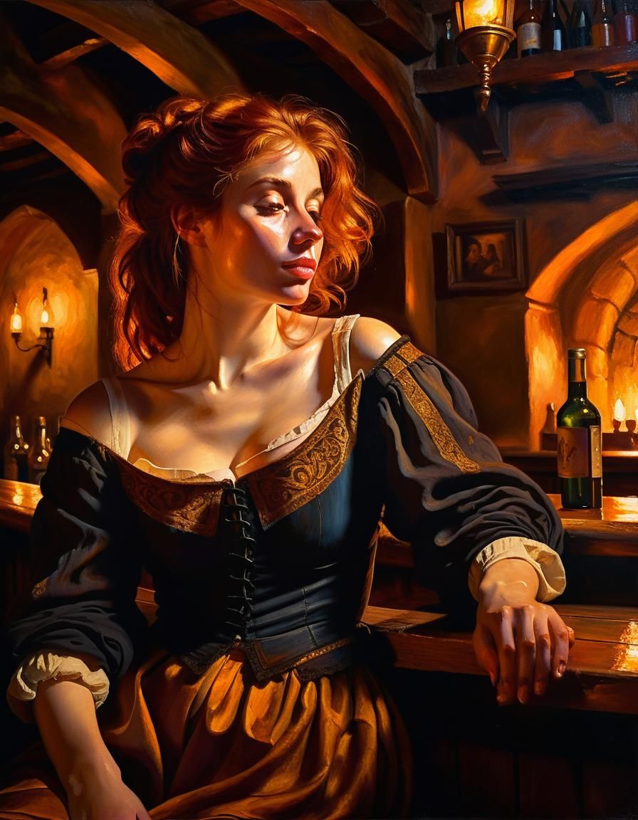 Baroque Woman in Tavern with Golden Hour Lighting
