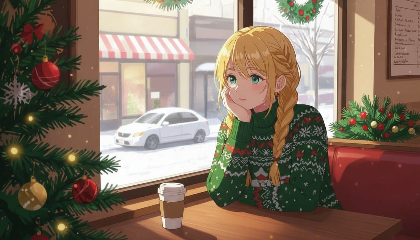 Anime Girl Contemplating Christmas in Snowing Coffee Shop